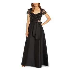 ADRIANNA PAPELL Womens Black Tie At Waist Short Sleeve Formal Gown Dress 8